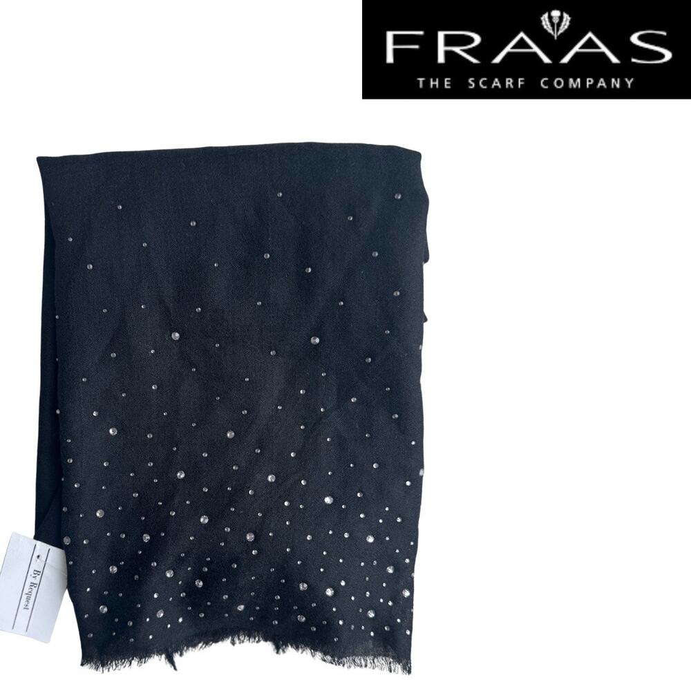 NWT Fraas Wool Cashmere Blend Crystal Embellished Sheer Black Scarf 80” X 30”